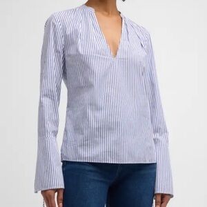 Derek Lam Blue and White Striped Lila Blouse with Bell Sleeve